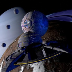 Eine terranische Spacejet gefolgt von Kugelraumern in der Milchstraße. (C) Heiko Popp