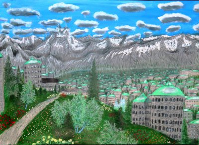 Der Stadteil Montia, umgegeben von dem Berg Dovit in der Stadt Dom auf dem Planeten Dorgon. (C) Stefan Wepil
